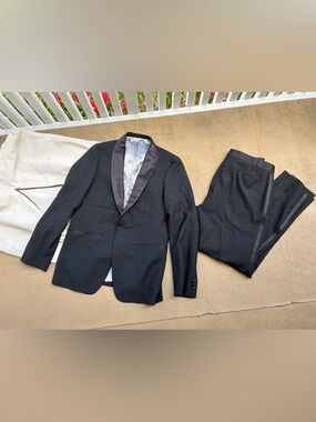 Tailors Keep SF Tuxedo Suit Scabal Wool Black Satin Lapel Mens Size M